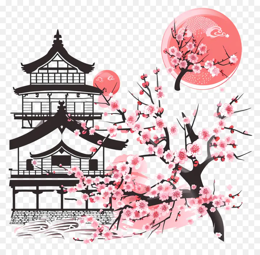 luna piena - Tempio giapponese di notte con fiori di sakura