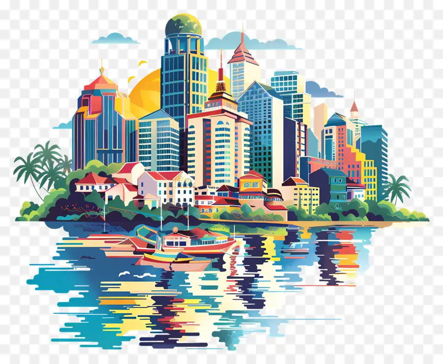 Cebu City Skyline Skyline City City High Building Thuyền Vẽ số kỹ thuật số - Cảnh thành phố sôi động với thuyền và người dân