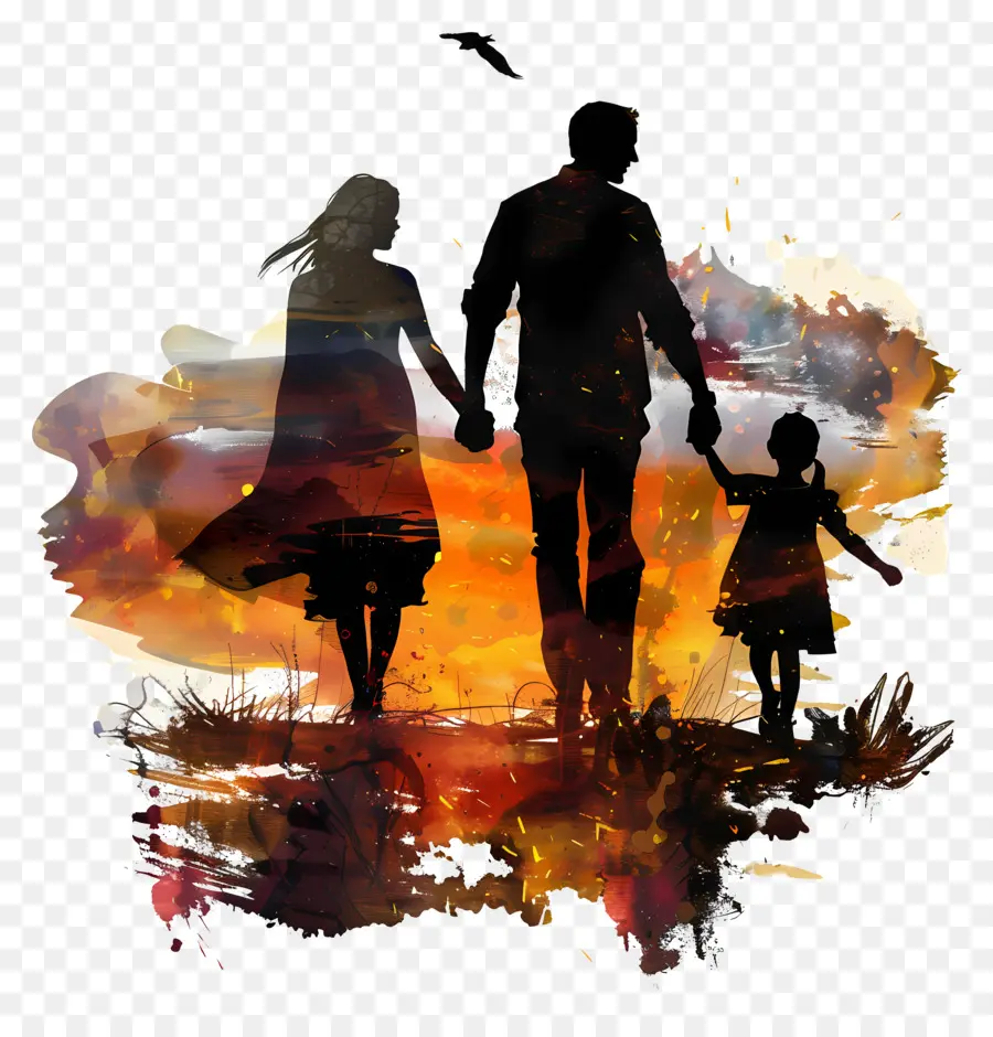 Famiglia silhouette - Family Sunset Walk, il bambino tiene giocattolo