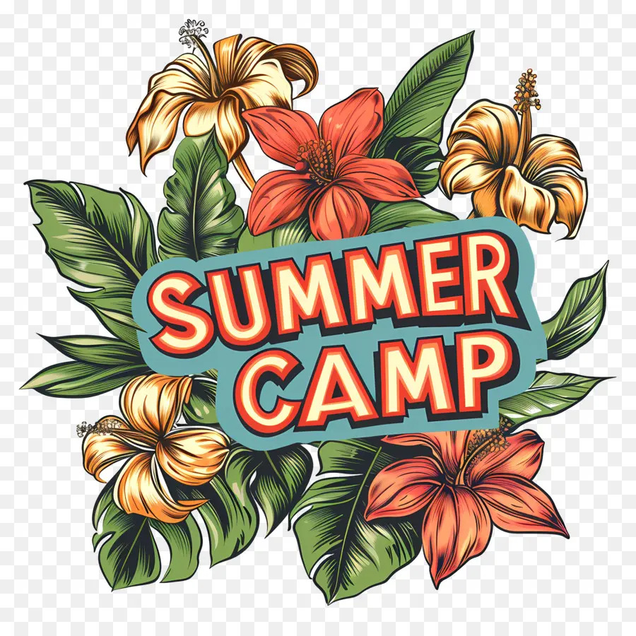 Trại hè - Logo trại hè đầy màu sắc với lá, hoa