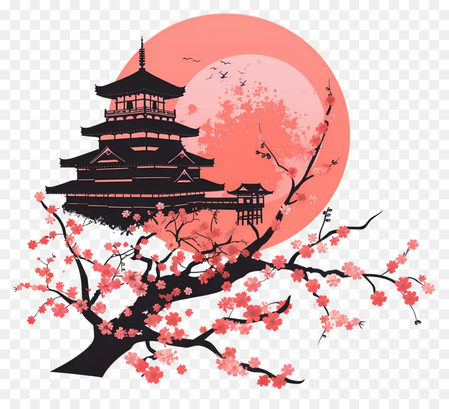 cây anh đào - Chùa Nhật Bản với hoa anh đào dưới mặt trăng