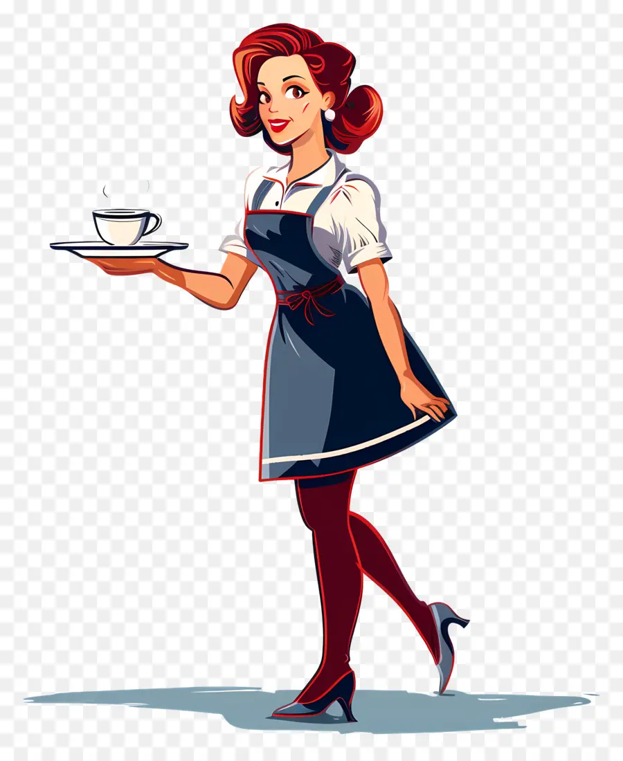 cà phê - Người phụ nữ mặc chiếc tạp dề màu xanh cầm khay cà phê