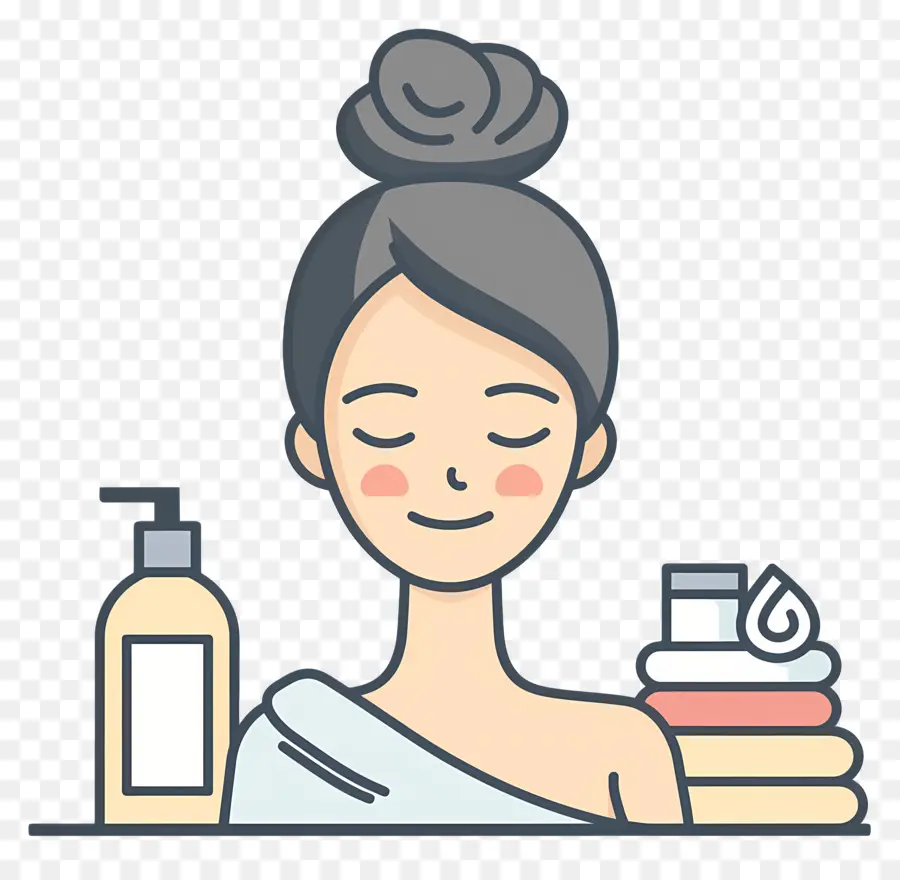 Hautpflege Schönheitsprodukte Frau Handtuch Shampoo - Frau mit Schönheitsprodukten im flachen Stil