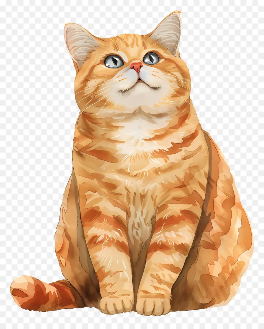 Katze Orange Tabby Katze Flauschige Pelzmantel Blaue Augen entspannte Haltung - Entspannte orangefarbene Tabby -Katze schaut auf den Himmel