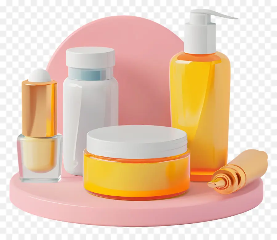 Hautpflege Kosmetik Shampoo Gesichtscreme Lotion - Kosmetische Produkte auf rosa Tablett mit Reflexionen