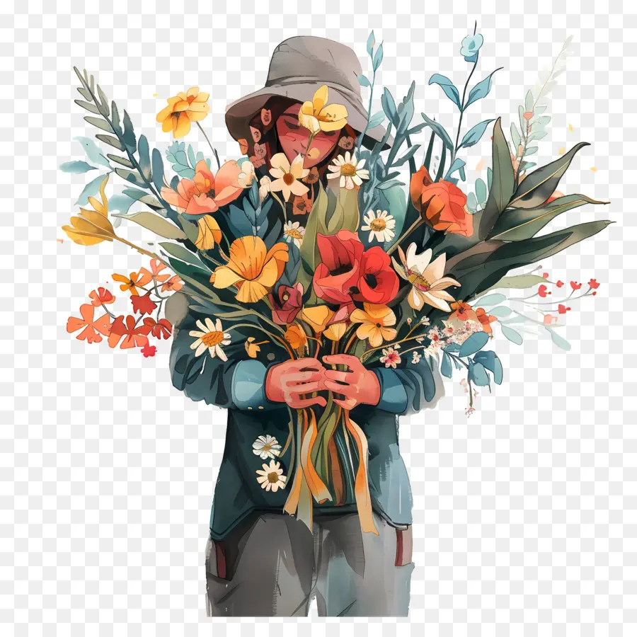 Florist Woman Bouquet Blumen lächeln - Frau mit Blumen, lächelnd, glücklicher Hintergrund