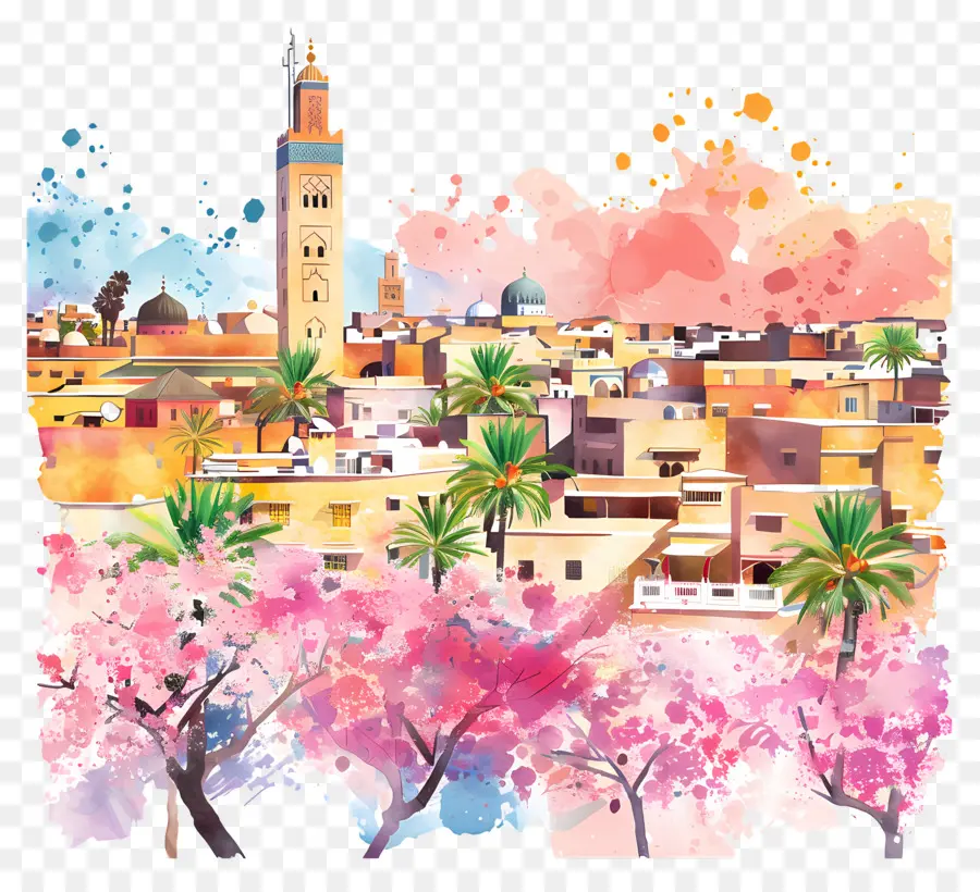 cây cọ - Cảnh quan thành phố đầy màu sắc của Marrakech với cây cọ