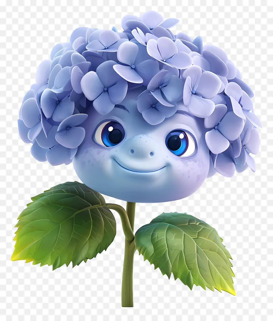 3D -Cartoonblüten blumblaue Blütenblätter grüne Blätter gelbe Staubblatt - Lächelnde Blume mit blauen Augen und Gesicht