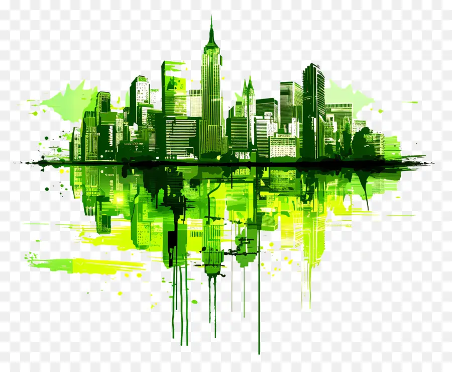 thành phố - Đường chân trời thành phố được sơn màu xanh lá cây với hoàng hôn