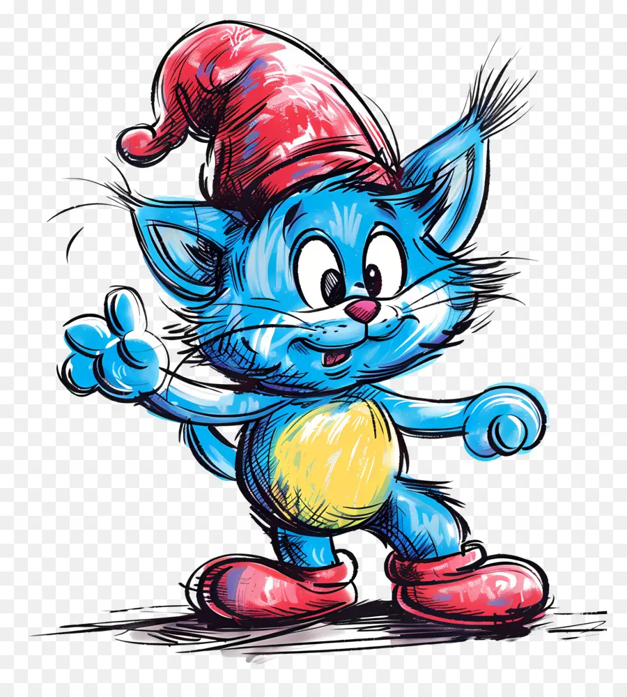 cartoon Katze - Cartoonkatze in roter Kappe, lächelnd