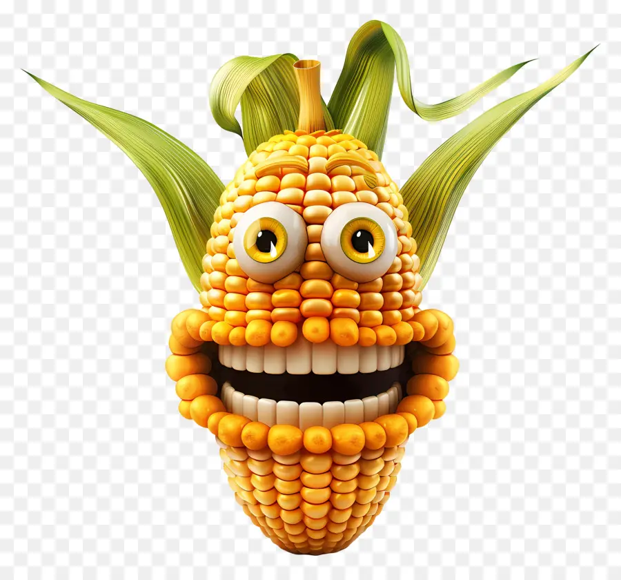 3D Cartoon Gemüse Karikatur Mais lächelnd lacht - Lächelnde, verspielte Mais -Cob -Karikatur. 
Freude Komposition