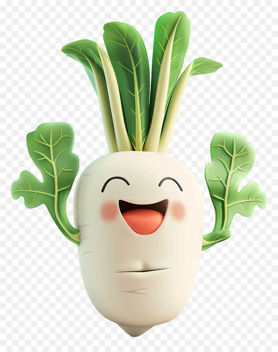 3D -Cartoon Gemüse Cartoon Charakter grüne Blätter lächelnde Gesicht große Augen - Cartooncharakter mit grünen Blättern und Lächeln