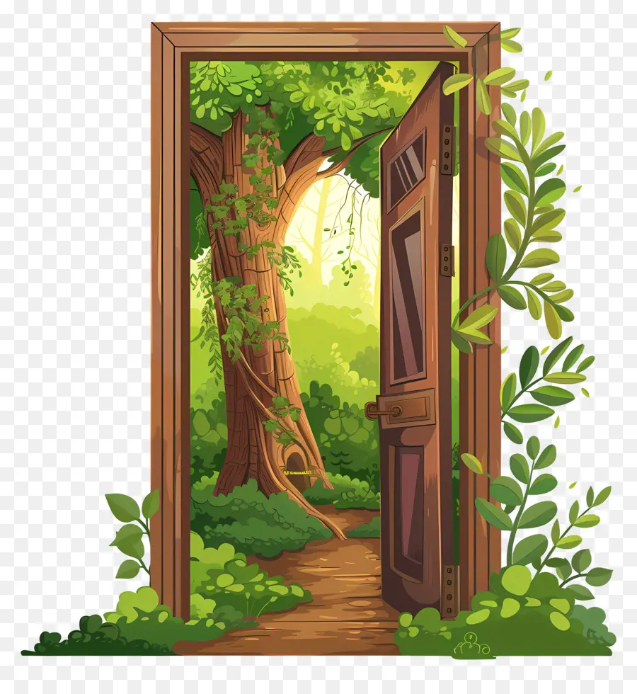 Tür Naturwaldtür grün - Holztür öffnet sich zum üppigen Wald