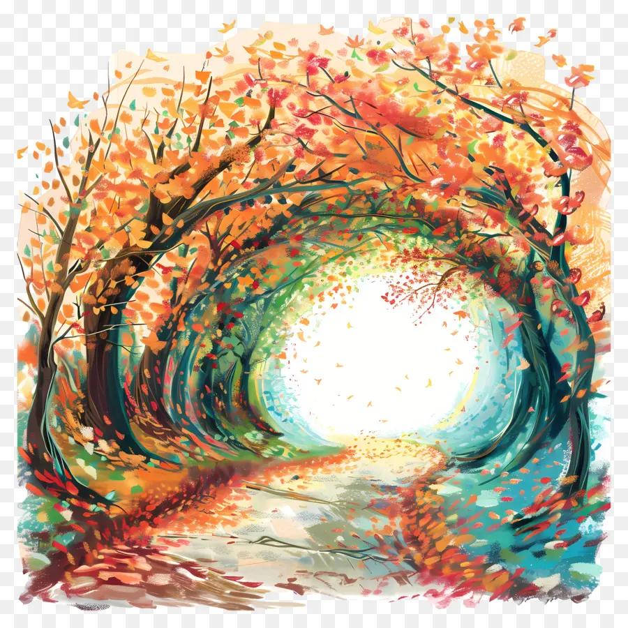 tunnel autumn forest path colorful trees leaves