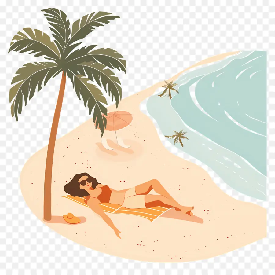 albero di palma - Donna che si rilassa sulla spiaggia soleggiata sotto la palma