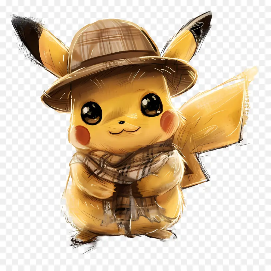pikachu - Pikachu trong Trenchcoat, khăn quàng cổ và mũ, cười