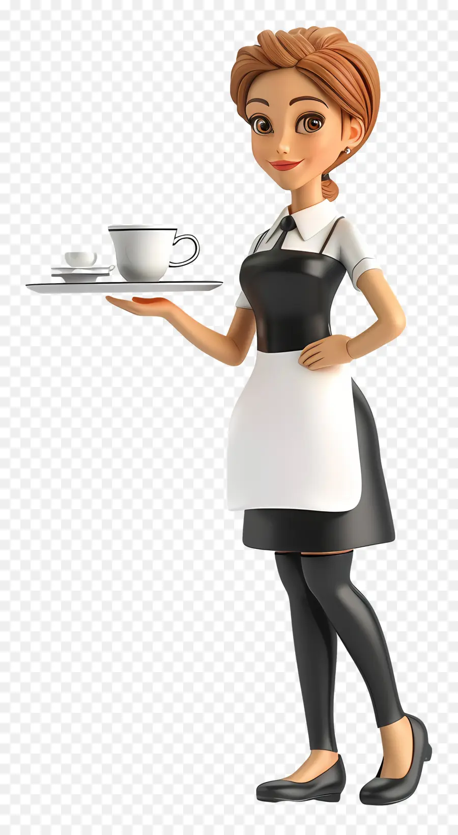 Kellnerin Kellner Kaffee Tassen Tablett Schürze - Kellnerin mit Kaffeetablett auf schwarzem Hintergrund