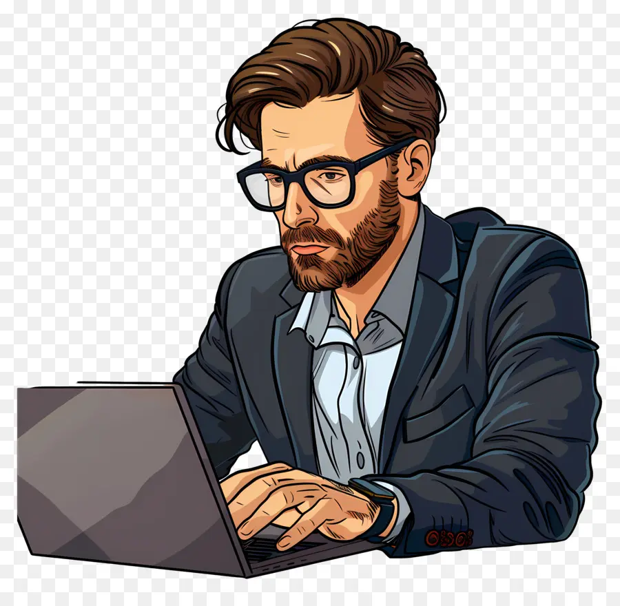 Brille - Mann im Anzug tippen auf dem Computer