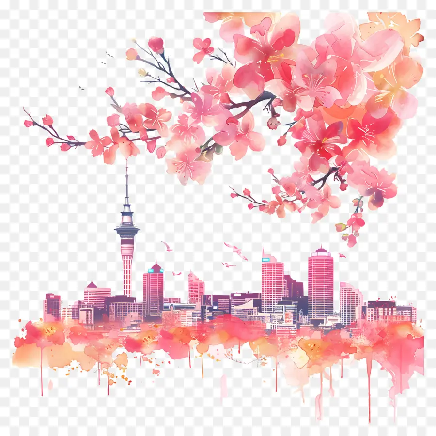 die skyline der Stadt - Skyline der Stadt mit Kirschblüten, Aquarellstil