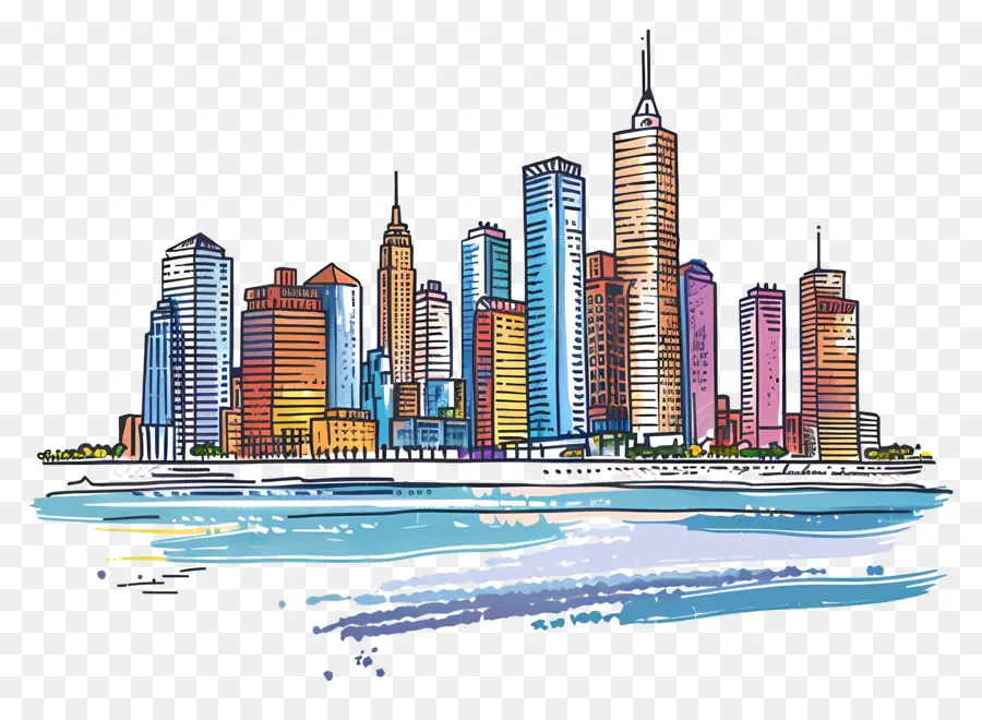die skyline der Stadt - Farbenfrohe skizzierte Skyline Illustration der Stadt mit Wasser