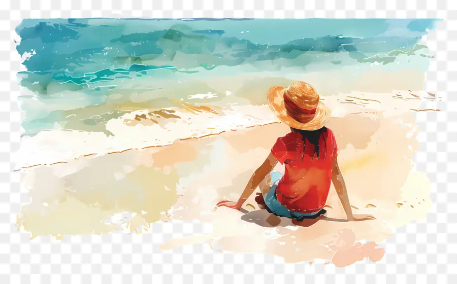 Domande di spiaggia di sabbia sabbiosa di sabbia sabbiosa sabbiosa - Donna seduta sull'oceano rivolto in spiaggia