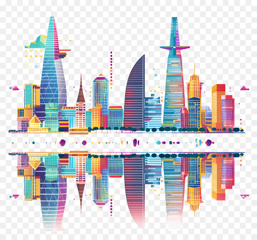 Hồ Chí Minh Thành phố Skyline Citycape Skyscrapers Kiến trúc đô thị Các tòa nhà đầy màu sắc - Đường chân trời đầy màu sắc của thành phố phản chiếu trong nước