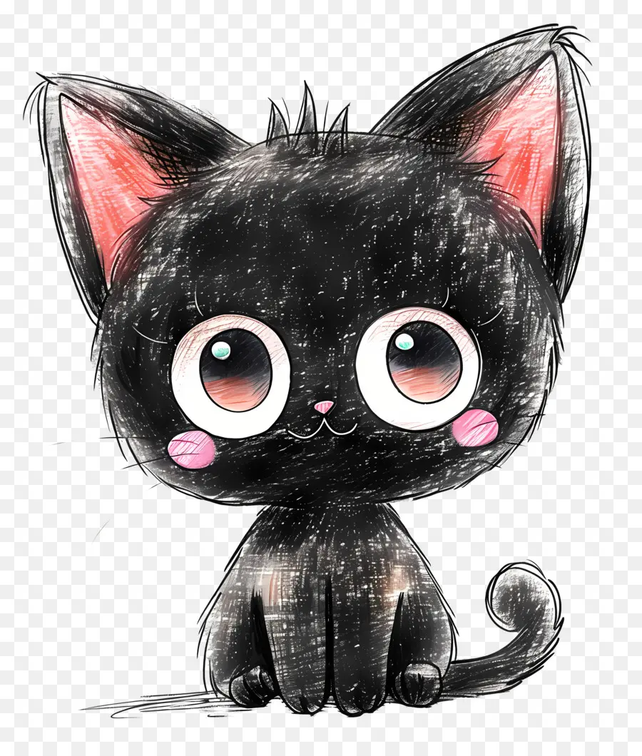 Kuromi Black Cat Big Eyes Big Pink Nose Whiskers - Gatto nero con grandi occhi seduti