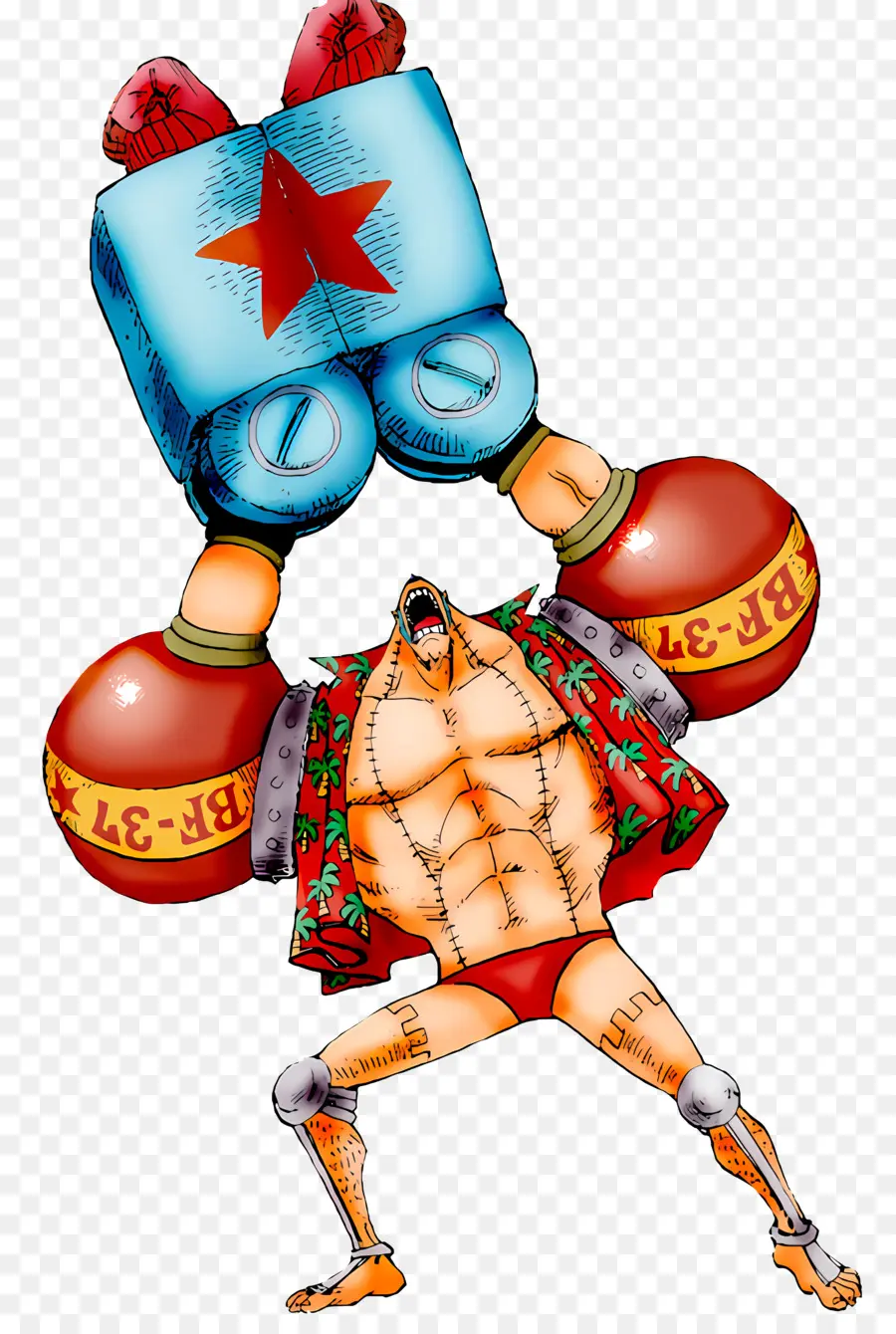 Carattere cartone animato Bodybuilder che solleva la camicia rossa oggetto pesante e stivali a pantaloncini blu - Cartoon Man che solleva una grande scatola con le stelle