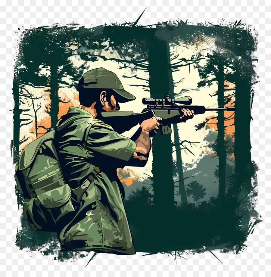 Fucile da caccia del soldato Woods - Persona nei boschi con fucile, puntando verso il basso