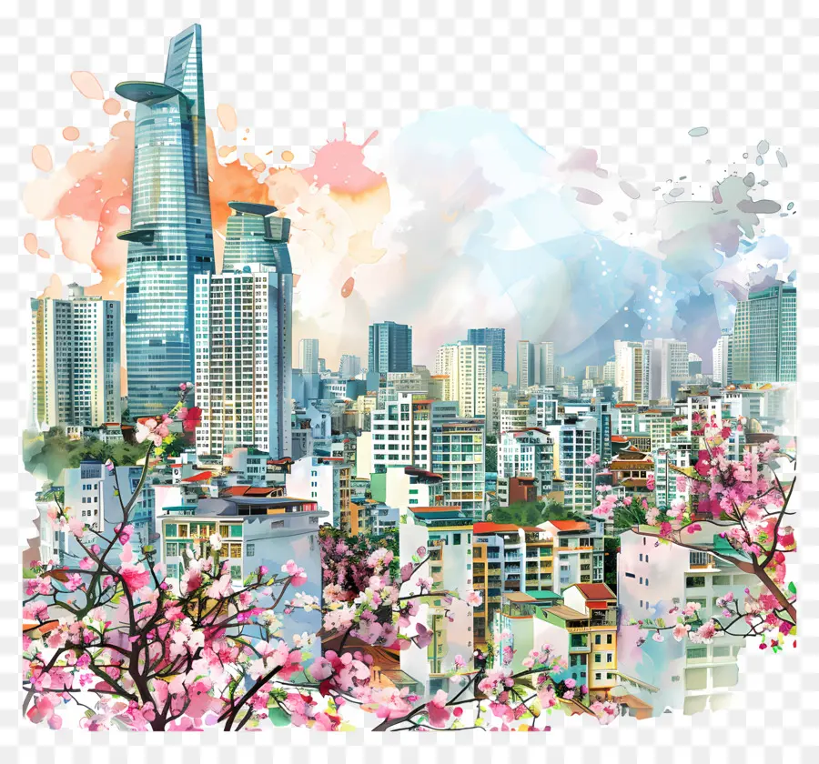 skyline della città - Skyline della città con alberi in fiore, stile ad acquerello