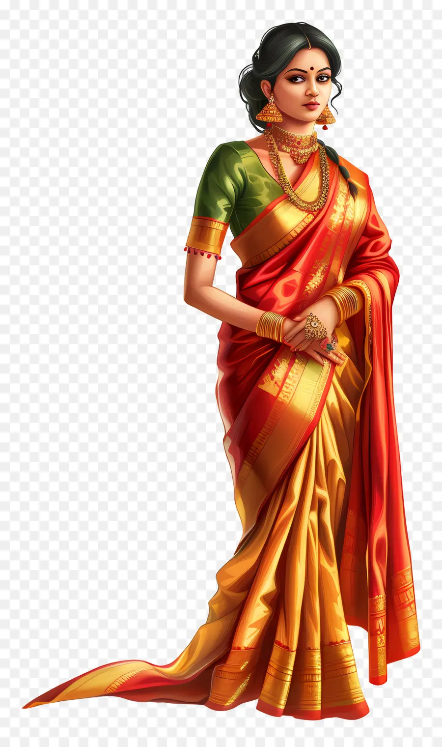 Saree - Frau im roten und gelben Saree lächeln