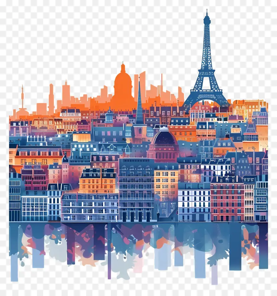 Eiffelturm - Paris Gemälde: Blauer, orangefarbener Himmel, heller Mond