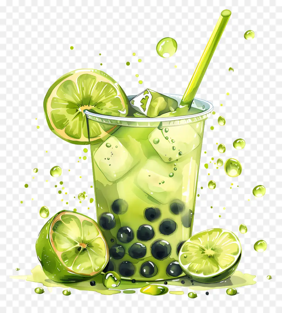 Sommergetränk - Grüner sprudeliger Getränk mit Limettenscheiben