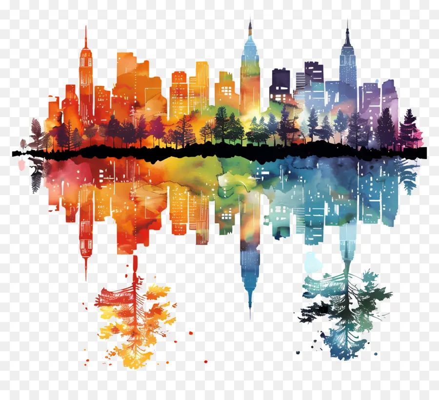 Stadt silhouette - Farbenfrohe, lebendige Skyline -Reflexion auf Wasser