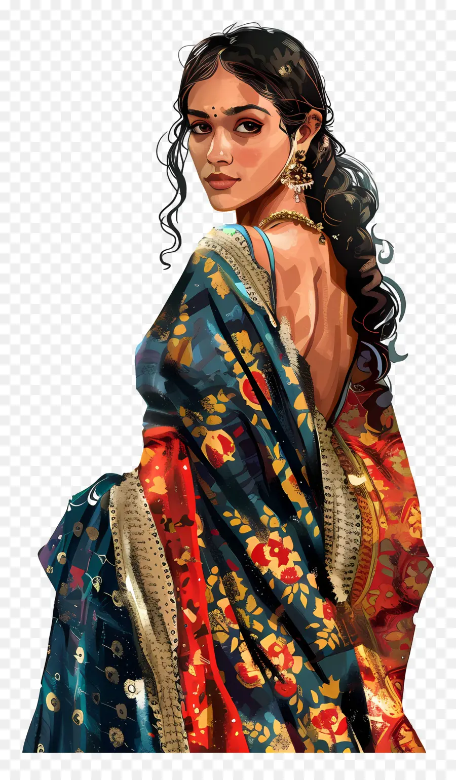 Thiết kế vẽ tranh Sanj Banarai Interichte trong nghệ thuật Ấn Độ tốt WO - Người phụ nữ xinh đẹp trong bức tranh vẽ chân dung Sari Blue Sari
