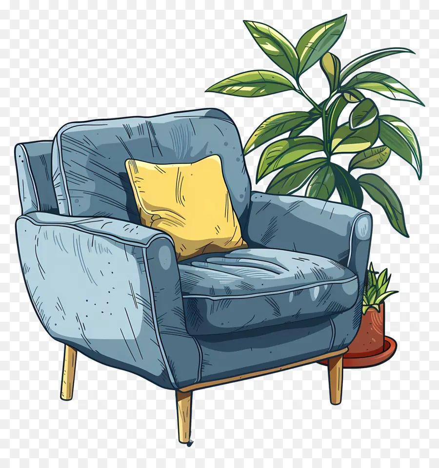 Sesselblauer Stuhl Innenpflanzenkissen gemütlicher Zimmer - Blauer Stuhl mit Kissen, Pflanzen, schwach beleuchtetem Raum
