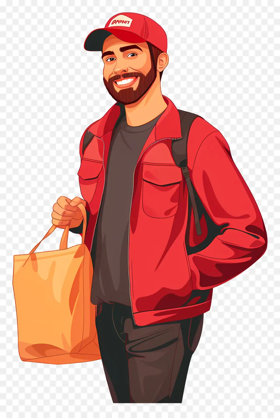 deliveryman red jacket groceries bearded man tattoo