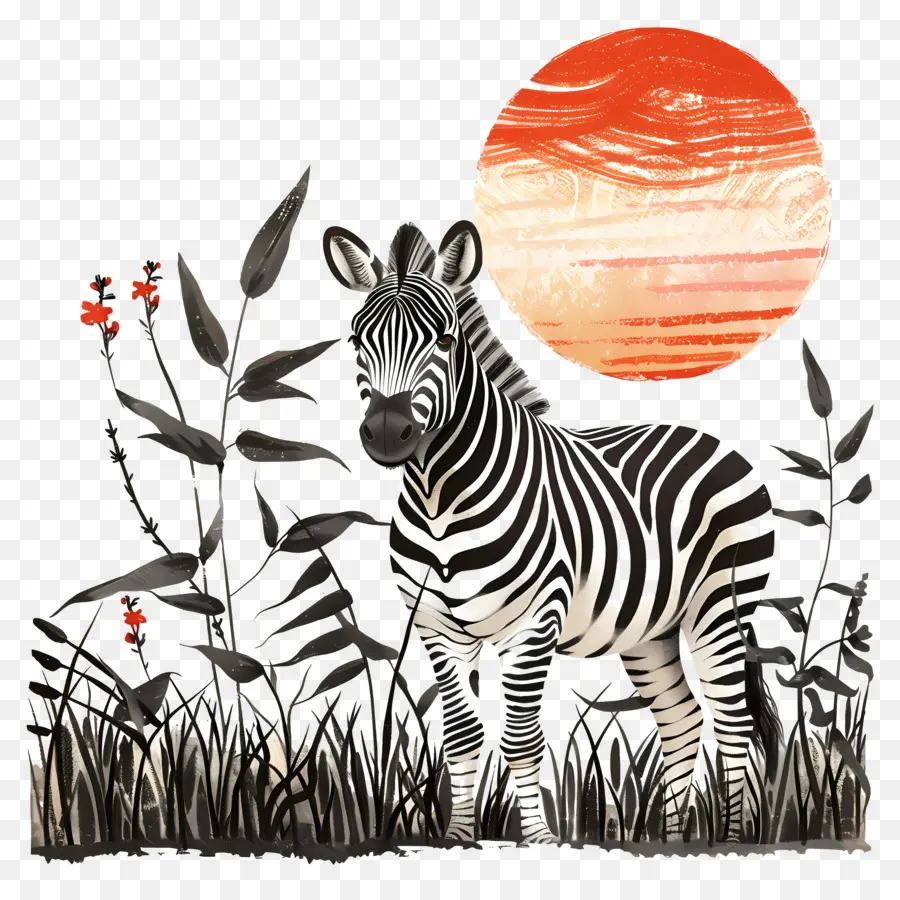 Zebra -Grasfeld Sonne Schwarz und weiße Streifen gelassen - Zebra im grünen Feld unter untergreifender Sonne