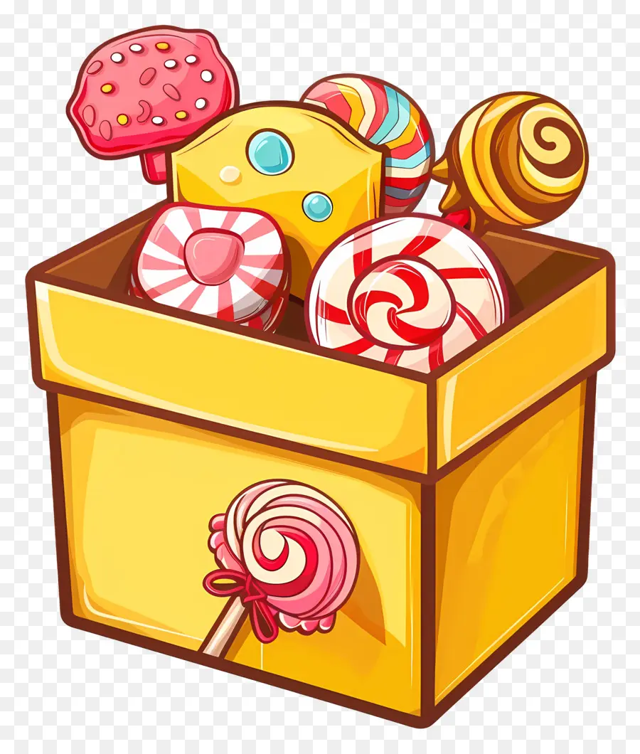 Gelbe Box Candy Lollipops Süßigkeiten behandeln - Farbenfrohe Süßigkeiten in gelber Holzkiste