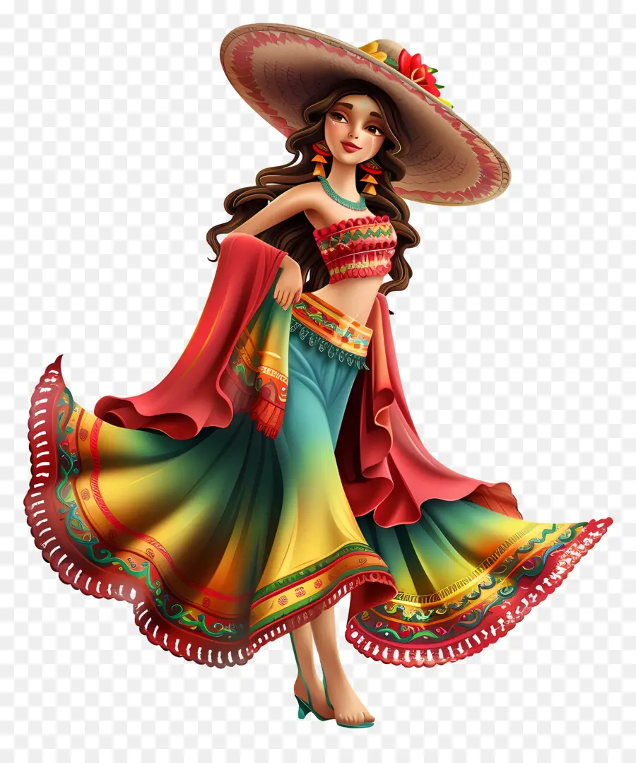 Cinco de Mayo Mexikanische Frau Traditionelle Kleidung Großer Hut farbenfrohe Kleidung - Lächelnde mexikanische Frau in traditionellem bunten Kleid