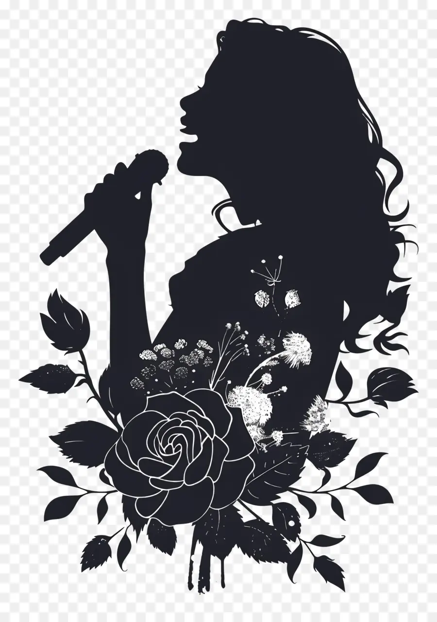 Mikrofon - Silhouette von Frau, die Mikrofon hält, umgeben von Blumen