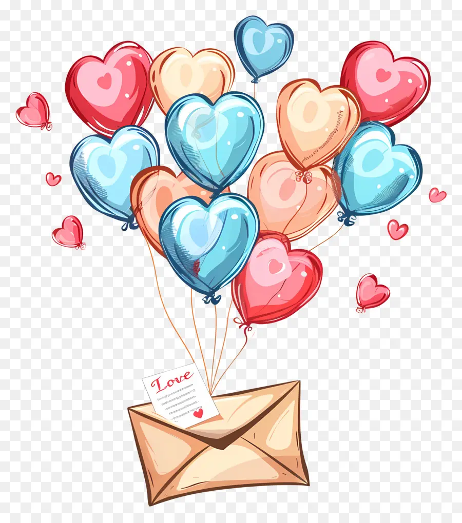 Valentinstag - Bunte Luftballons umgeben Liebesbrief im Umschlag