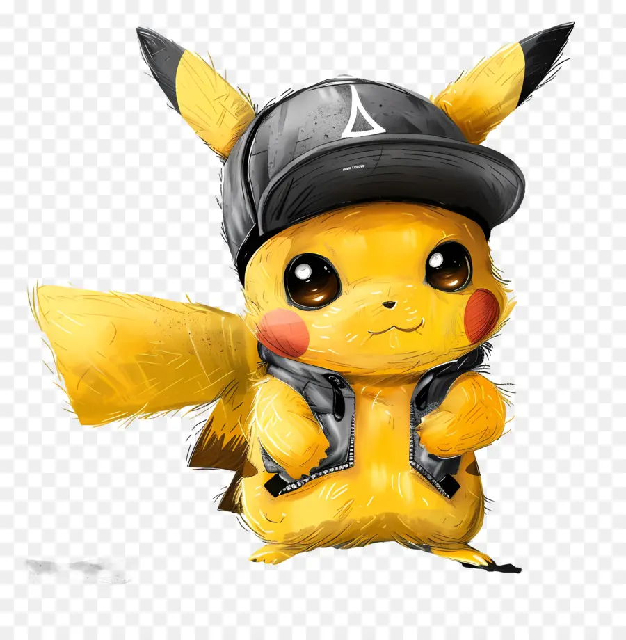 Pikachu - Pikachu in schwarzer Jacke und Mütze lächeln