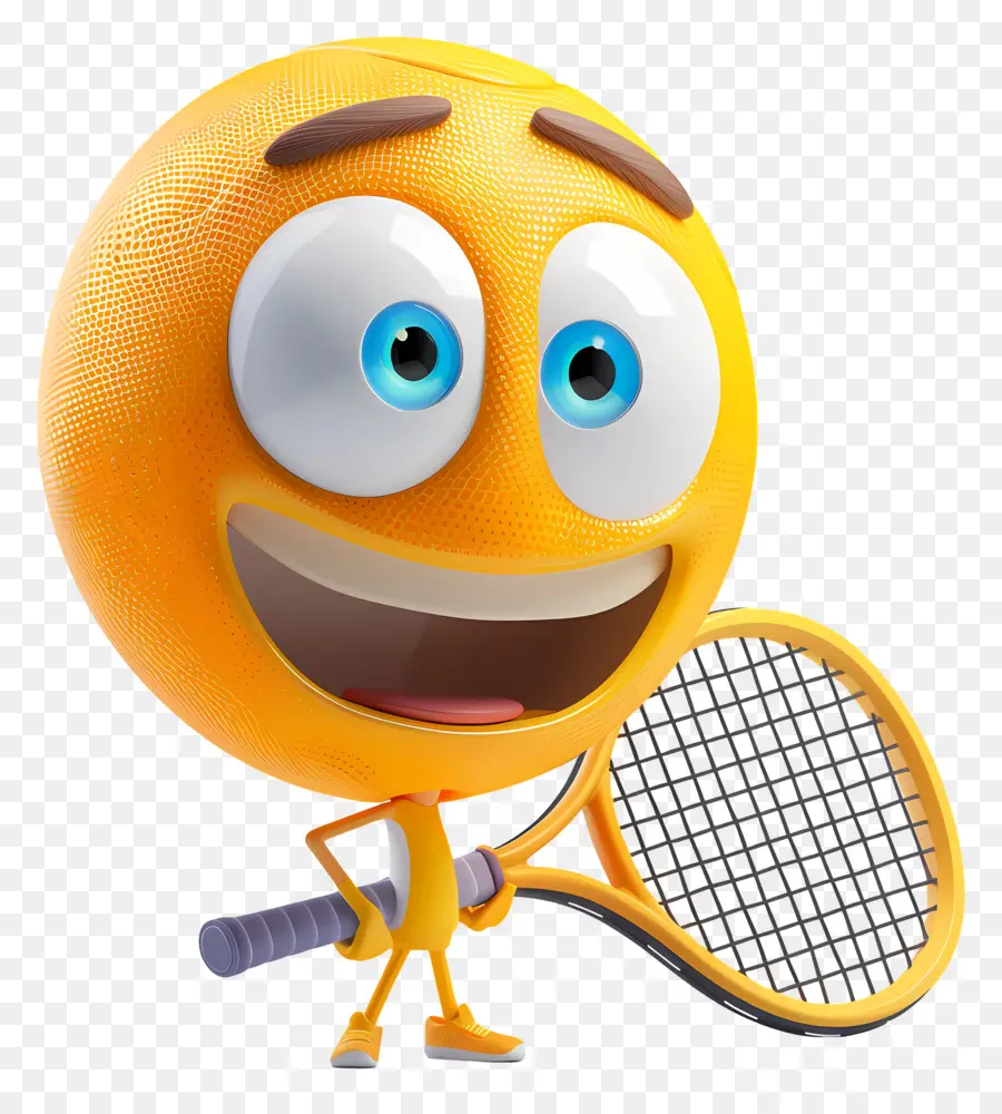 3D Cartoon Ball Cartoon Charakter gelbe Emotion Gesicht Tennisschläger Lächeln - Gelbe Emotion Gesicht mit Tennisschläger, lächelnd