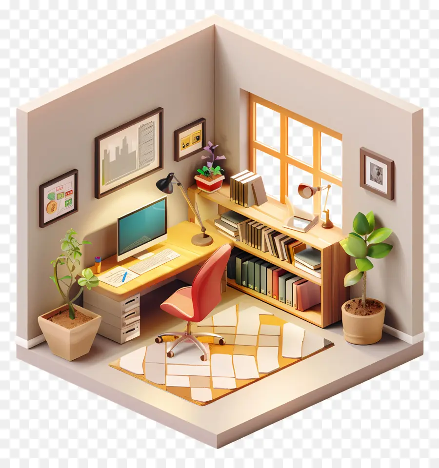 Lernzimmer kleiner Büroportiercomputer - Kleines Büro mit Schreibtisch, Computer, Pflanzen und Bücherregal