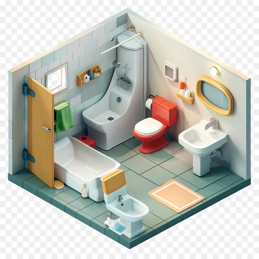phòng tắm bồn tắm bồn rửa bồn rửa bồn tắm - Phòng tắm isometric có đồ đạc, ánh sáng tự nhiên