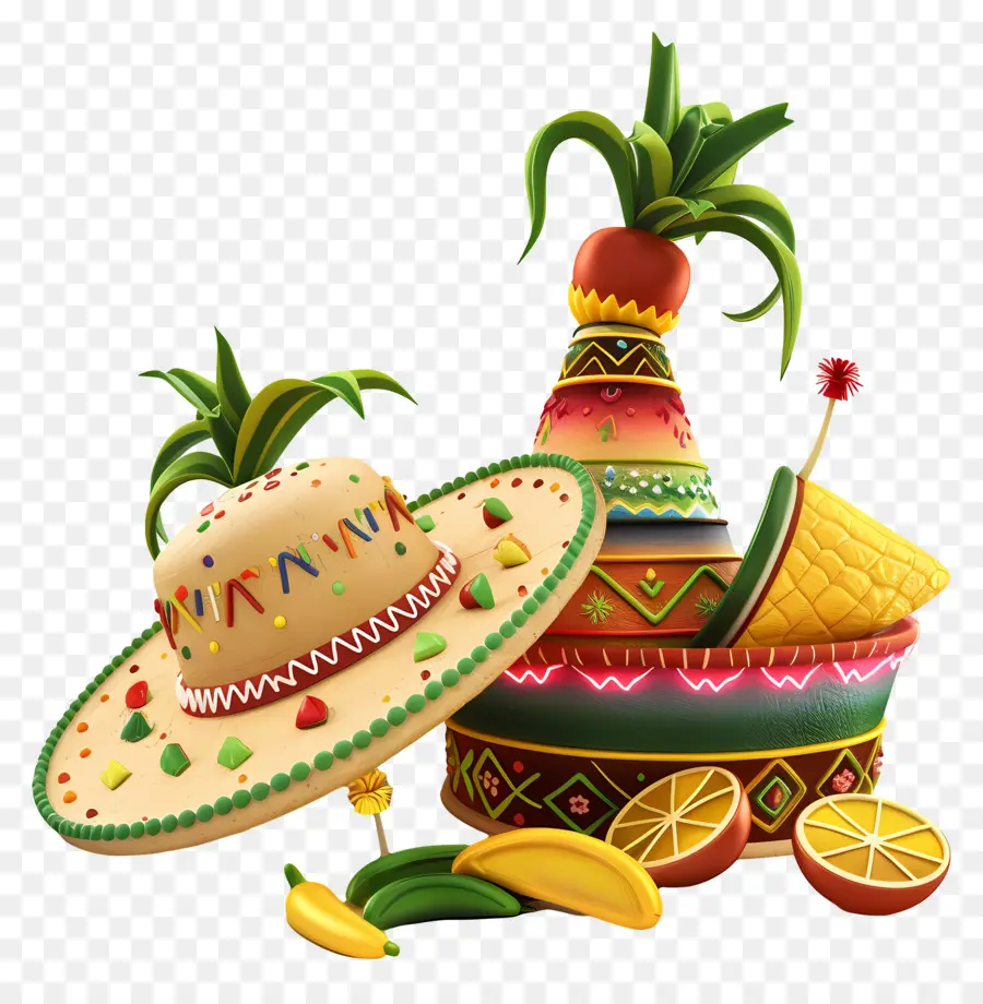 hut - Buntes mexikanisches Fiesta mit Obst, Getränken und Sombrero
