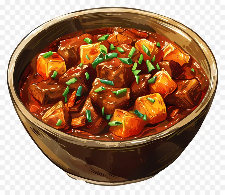Goulash Stew Thịt gia vị - Bát hầm màu nâu với hành lá