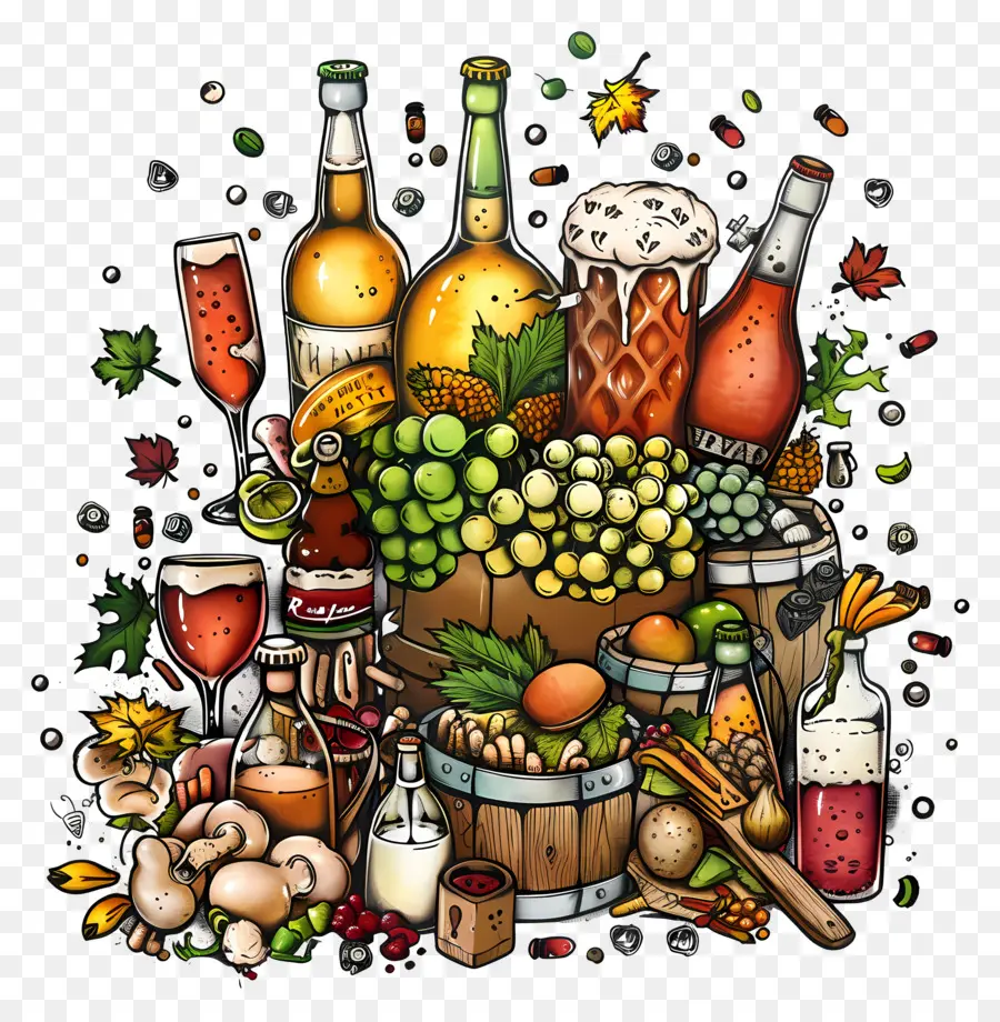 Ngày Homebrew trái cây rau quả bia - Đống trái cây, rượu và bia dồi dào