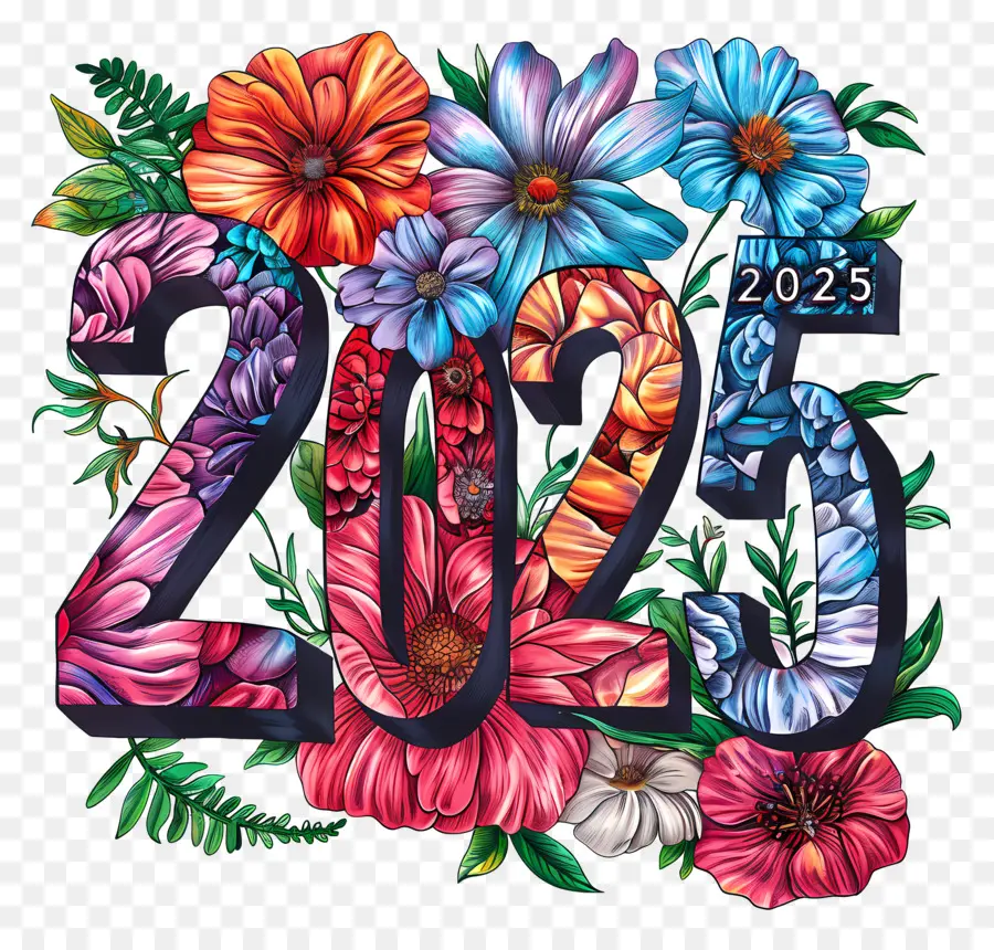 florales Design - 2025 Kranz mit Blumen, Zahlen und Farben